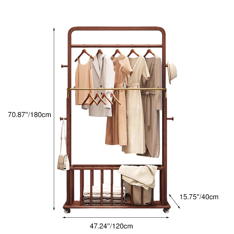 Traditional Chinese Solid Ash Wood Rolling Coat Rack - Dual Hanging Rods With Storage Basket &amp; Silent Casters For Bedroom