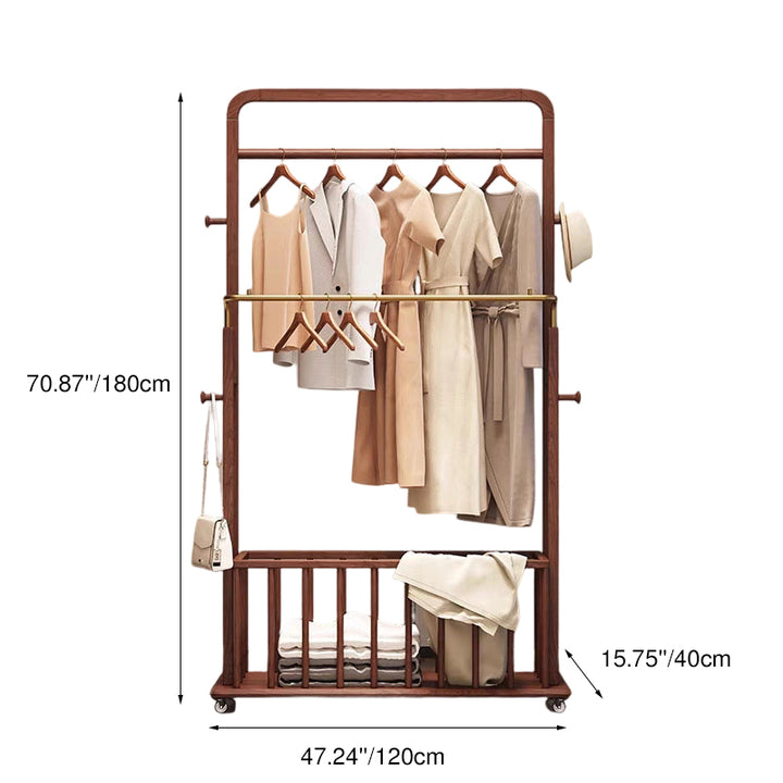 Traditional Chinese Solid Ash Wood Rolling Coat Rack - Dual Hanging Rods With Storage Basket &amp; Silent Casters For Bedroom
