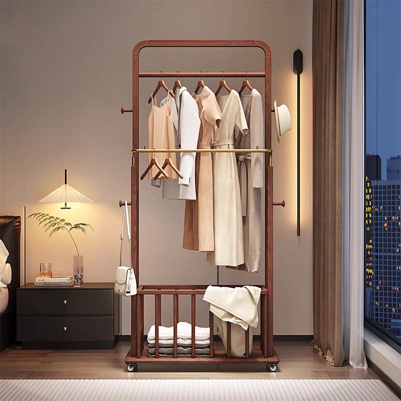 Traditional Chinese Solid Ash Wood Rolling Coat Rack - Dual Hanging Rods With Storage Basket &amp; Silent Casters For Bedroom