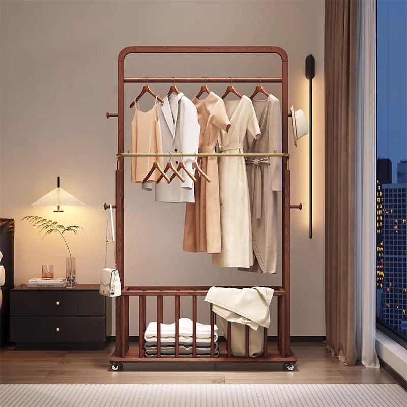Traditional Chinese Solid Ash Wood Rolling Coat Rack - Dual Hanging Rods With Storage Basket &amp; Silent Casters For Bedroom