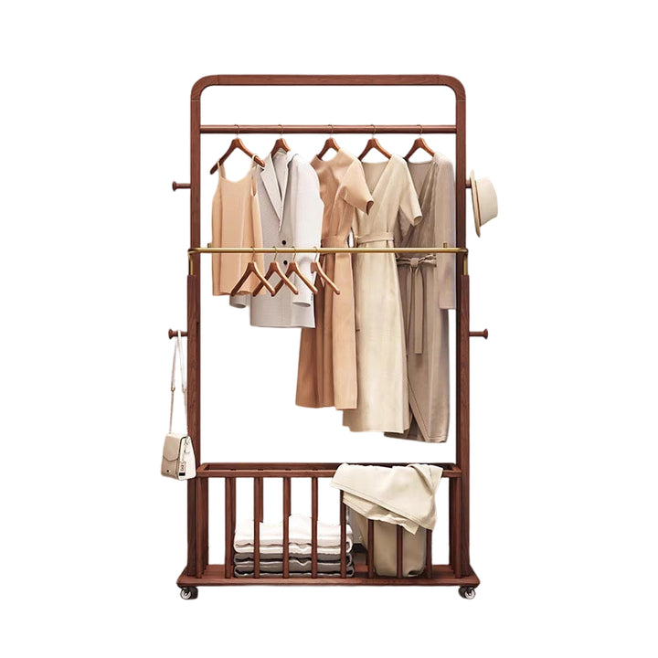 Traditional Chinese Solid Ash Wood Rolling Coat Rack - Dual Hanging Rods With Storage Basket &amp; Silent Casters For Bedroom