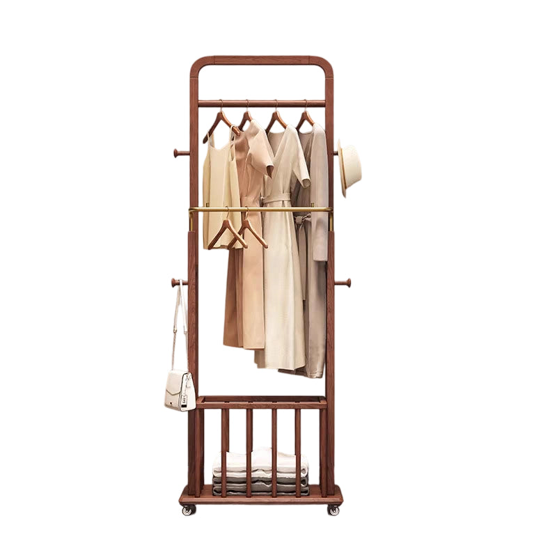 Traditional Chinese Solid Ash Wood Rolling Coat Rack - Dual Hanging Rods With Storage Basket &amp; Silent Casters For Bedroom