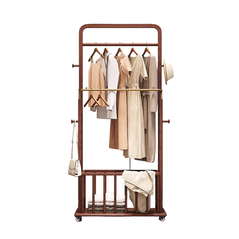 Traditional Chinese Solid Ash Wood Rolling Coat Rack - Dual Hanging Rods With Storage Basket &amp; Silent Casters For Bedroom