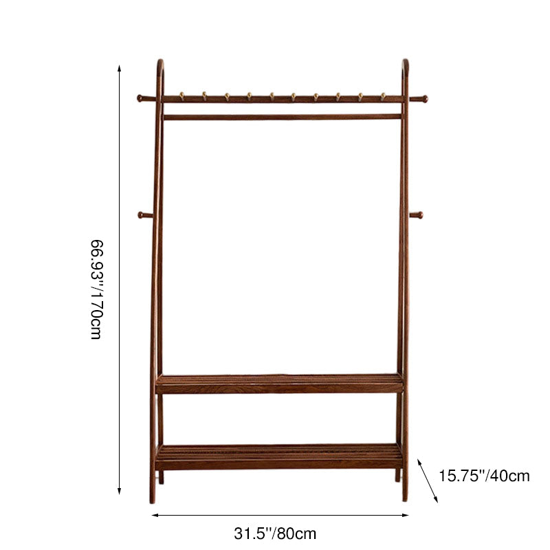 Traditional Chinese Solid Ash Wood Garment Rack - Brass Accent Coat Stand With Double Tier Slatted Storage Shelves For Bedroom &amp; Entryway