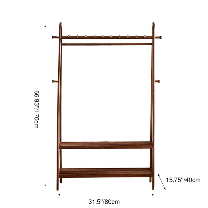 Traditional Chinese Solid Ash Wood Garment Rack - Brass Accent Coat Stand With Double Tier Slatted Storage Shelves For Bedroom & Entryway
