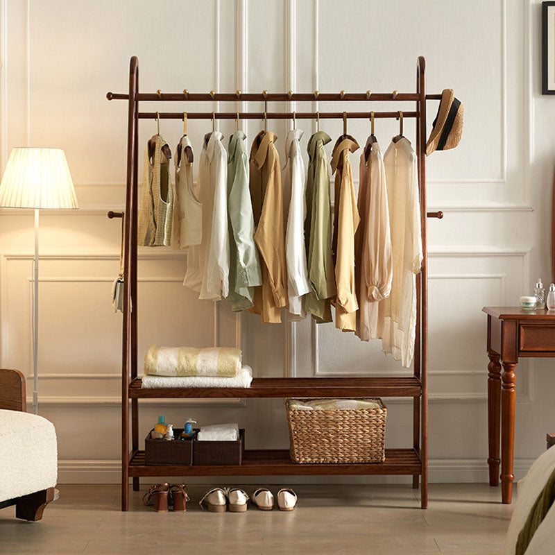 Traditional Chinese Solid Ash Wood Garment Rack - Brass Accent Coat Stand With Double Tier Slatted Storage Shelves For Bedroom &amp; Entryway