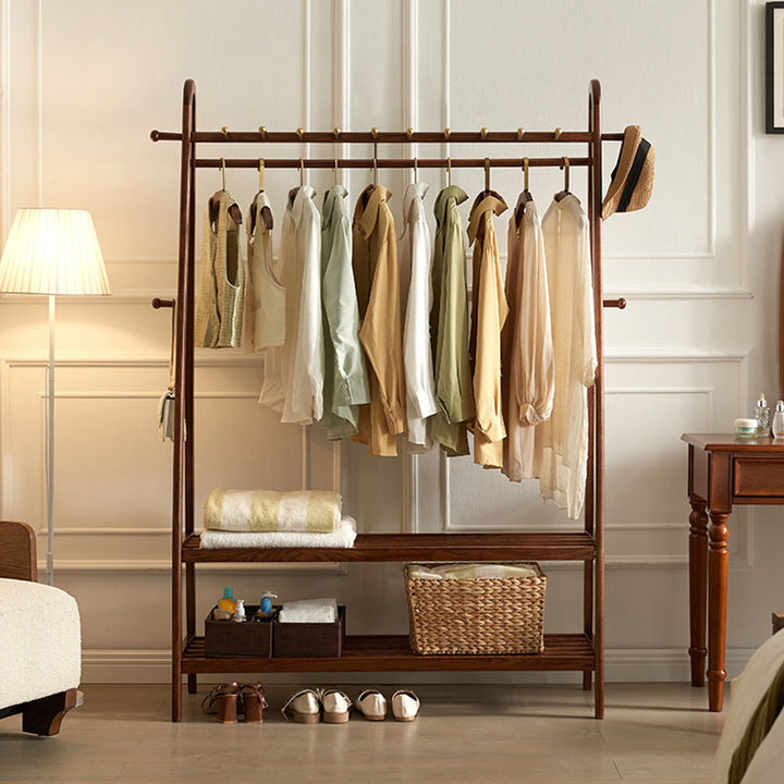Traditional Chinese Solid Ash Wood Garment Rack - Brass Accent Coat Stand With Double Tier Slatted Storage Shelves For Bedroom &amp; Entryway