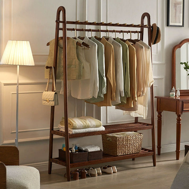 Traditional Chinese Solid Ash Wood Garment Rack - Brass Accent Coat Stand With Double Tier Slatted Storage Shelves For Bedroom &amp; Entryway