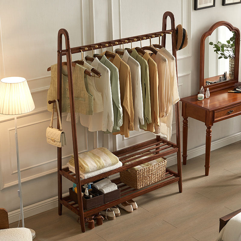 Traditional Chinese Solid Ash Wood Garment Rack - Brass Accent Coat Stand With Double Tier Slatted Storage Shelves For Bedroom &amp; Entryway