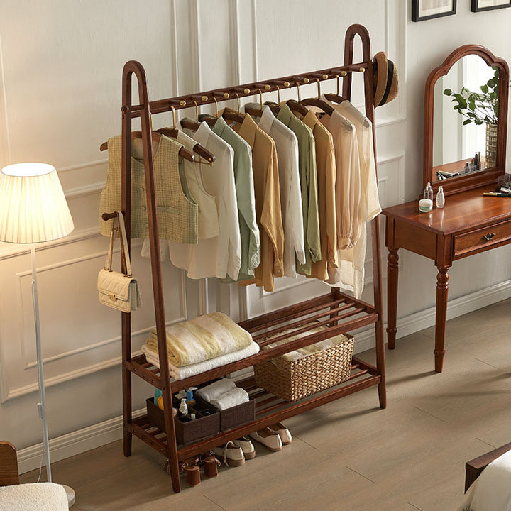 Traditional Chinese Solid Ash Wood Garment Rack - Brass Accent Coat Stand With Double Tier Slatted Storage Shelves For Bedroom &amp; Entryway