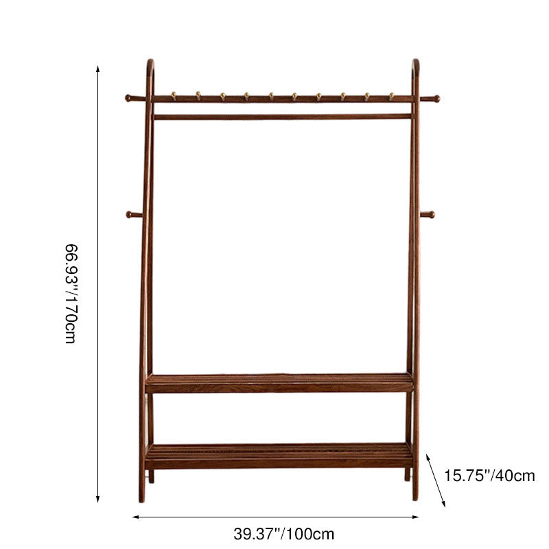 Traditional Chinese Solid Ash Wood Garment Rack - Brass Accent Coat Stand With Double Tier Slatted Storage Shelves For Bedroom &amp; Entryway