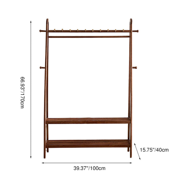 Traditional Chinese Solid Ash Wood Garment Rack - Brass Accent Coat Stand With Double Tier Slatted Storage Shelves For Bedroom &amp; Entryway