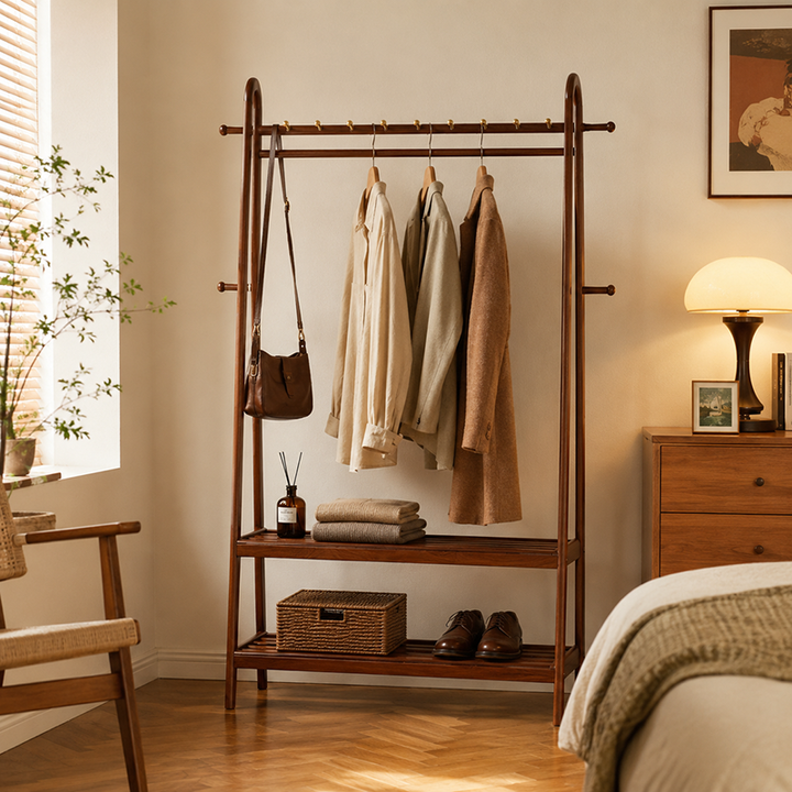 Traditional Chinese Solid Ash Wood Garment Rack - Brass Accent Coat Stand With Double Tier Slatted Storage Shelves For Bedroom & Entryway