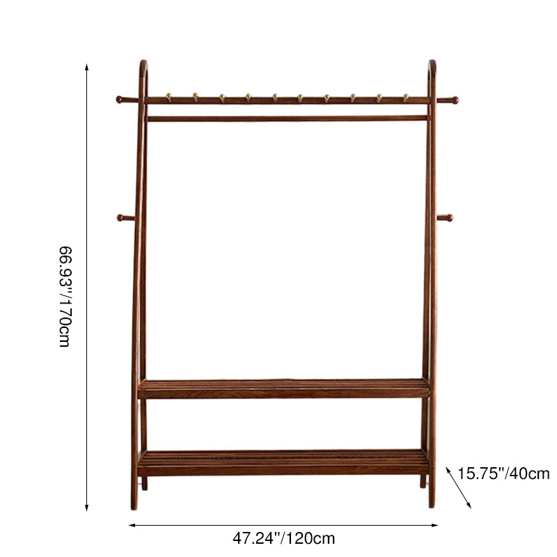 Traditional Chinese Solid Ash Wood Garment Rack - Brass Accent Coat Stand With Double Tier Slatted Storage Shelves For Bedroom &amp; Entryway