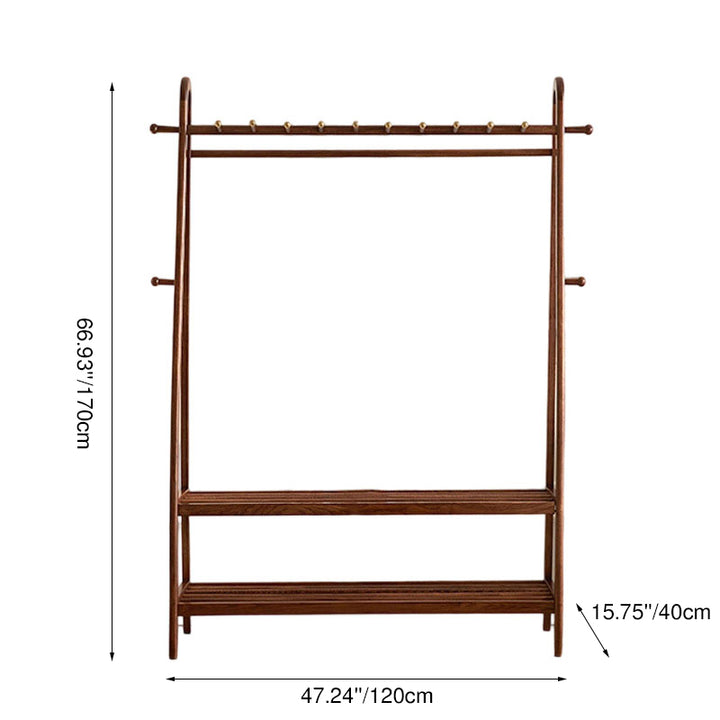 Traditional Chinese Solid Ash Wood Garment Rack - Brass Accent Coat Stand With Double Tier Slatted Storage Shelves For Bedroom &amp; Entryway