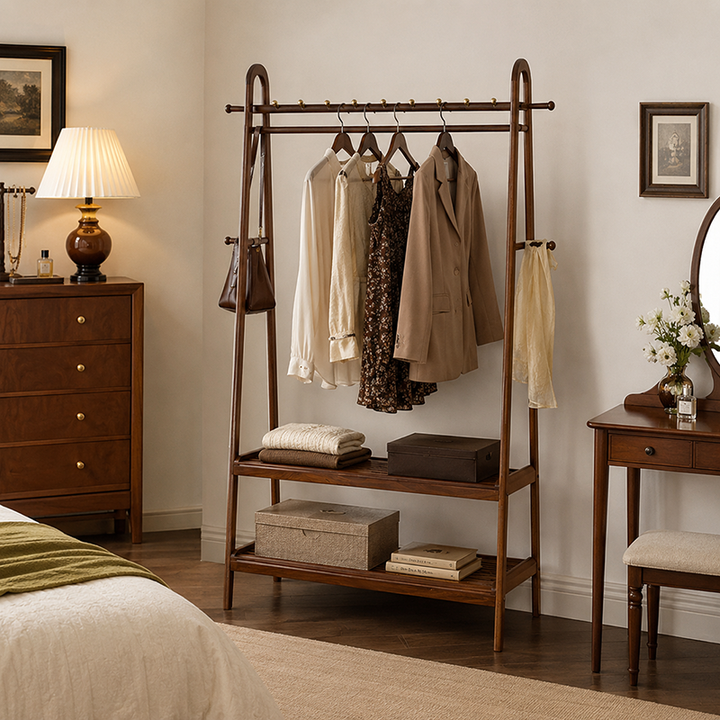 Traditional Chinese Solid Ash Wood Garment Rack - Brass Accent Coat Stand With Double Tier Slatted Storage Shelves For Bedroom & Entryway