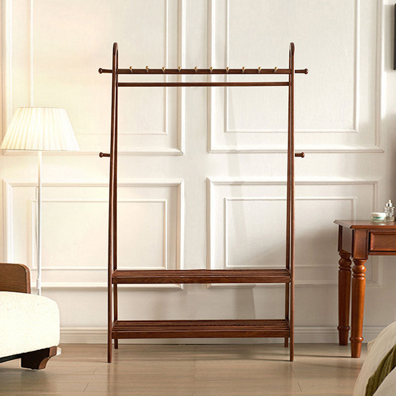 Traditional Chinese Solid Ash Wood Garment Rack - Brass Accent Coat Stand With Double Tier Slatted Storage Shelves For Bedroom &amp; Entryway