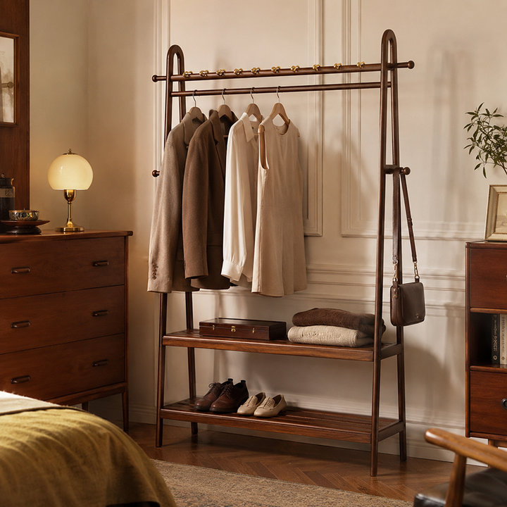 Traditional Chinese Solid Ash Wood Garment Rack - Brass Accent Coat Stand With Double Tier Slatted Storage Shelves For Bedroom &amp; Entryway