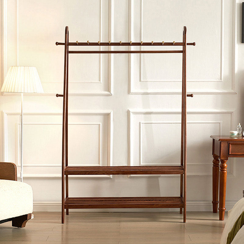 Traditional Chinese Solid Ash Wood Garment Rack - Brass Accent Coat Stand With Double Tier Slatted Storage Shelves For Bedroom &amp; Entryway