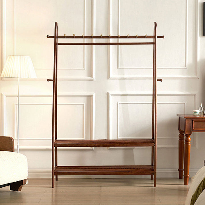 Traditional Chinese Solid Ash Wood Garment Rack - Brass Accent Coat Stand With Double Tier Slatted Storage Shelves For Bedroom &amp; Entryway