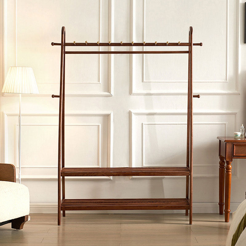 Traditional Chinese Solid Ash Wood Garment Rack - Brass Accent Coat Stand With Double Tier Slatted Storage Shelves For Bedroom &amp; Entryway