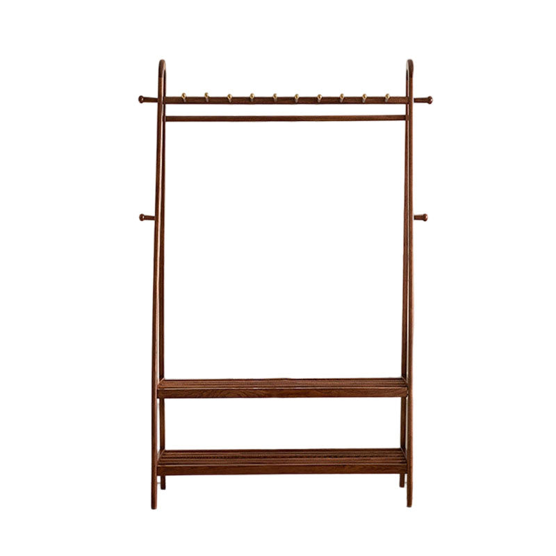Traditional Chinese Solid Ash Wood Garment Rack - Brass Accent Coat Stand With Double Tier Slatted Storage Shelves For Bedroom &amp; Entryway