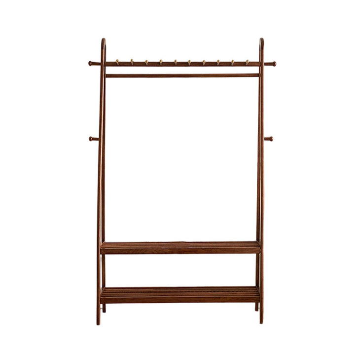 Traditional Chinese Solid Ash Wood Garment Rack - Brass Accent Coat Stand With Double Tier Slatted Storage Shelves For Bedroom &amp; Entryway