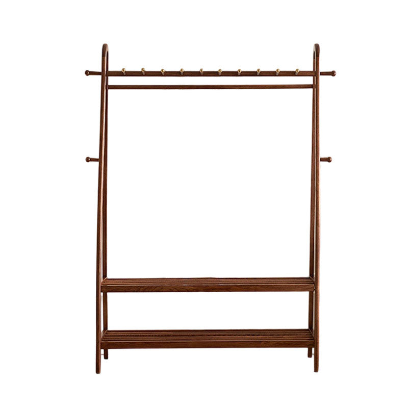 Traditional Chinese Solid Ash Wood Garment Rack - Brass Accent Coat Stand With Double Tier Slatted Storage Shelves For Bedroom &amp; Entryway