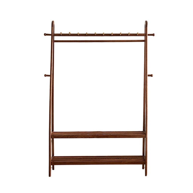Traditional Chinese Solid Ash Wood Garment Rack - Brass Accent Coat Stand With Double Tier Slatted Storage Shelves For Bedroom &amp; Entryway