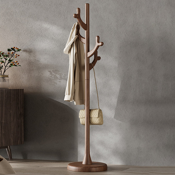 Contemporary Scandinavian Rubberwood Coat Rack Stand With Multiple Hanging Hooks - Stable Round Base Hall Tree For Living Room