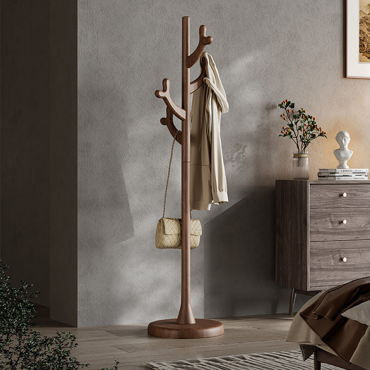 Contemporary Scandinavian Rubberwood Coat Rack Stand With Multiple Hanging Hooks - Stable Round Base Hall Tree For Living Room