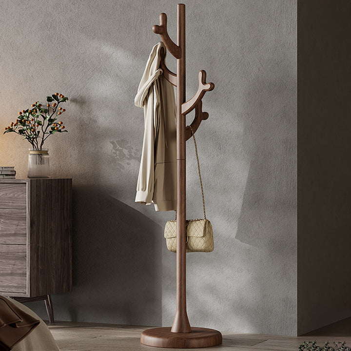 Contemporary Scandinavian Rubberwood Coat Rack Stand With Multiple Hanging Hooks - Stable Round Base Hall Tree For Living Room
