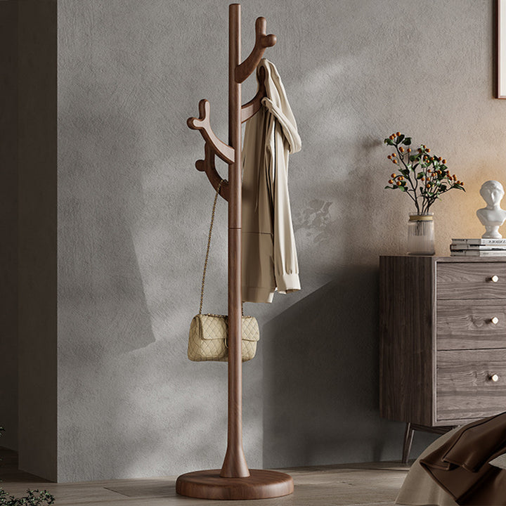 Contemporary Scandinavian Rubberwood Coat Rack Stand With Multiple Hanging Hooks - Stable Round Base Hall Tree For Living Room