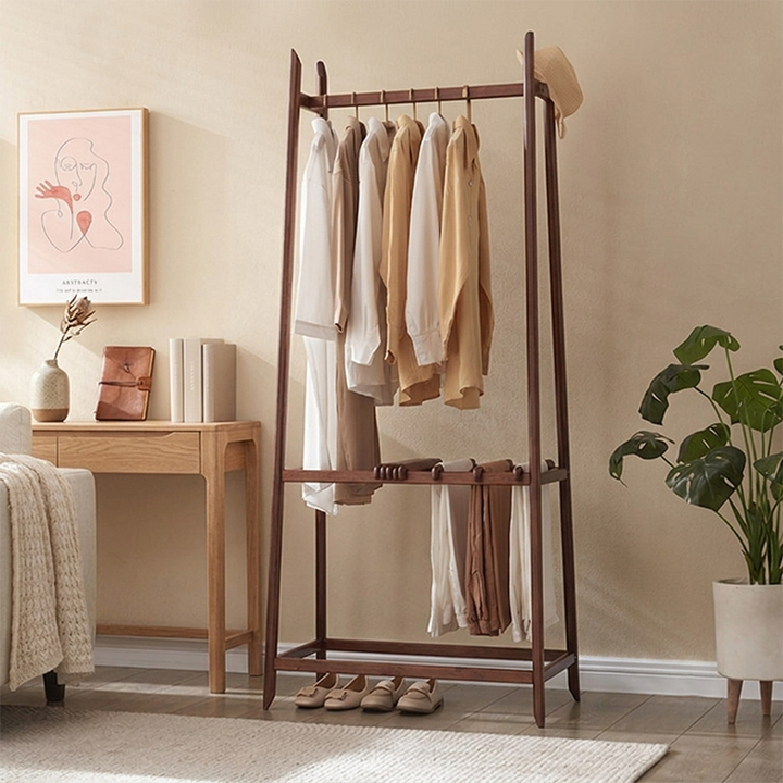 Contemporary Scandinavian Ash Wood Coat Rack Stand With Storage Shelf - Hanging Rod & Side Hooks Hall Tree For Bedroom