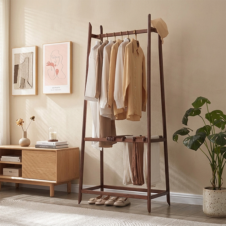 Contemporary Scandinavian Ash Wood Coat Rack Stand With Storage Shelf - Hanging Rod & Side Hooks Hall Tree For Bedroom