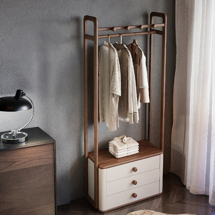 Contemporary Ash Wood Hall Tree With Storage Cabinet - Creative Coat Rack 3 Drawers Freestanding Clothes Rack For Entryway &amp; Bedroom