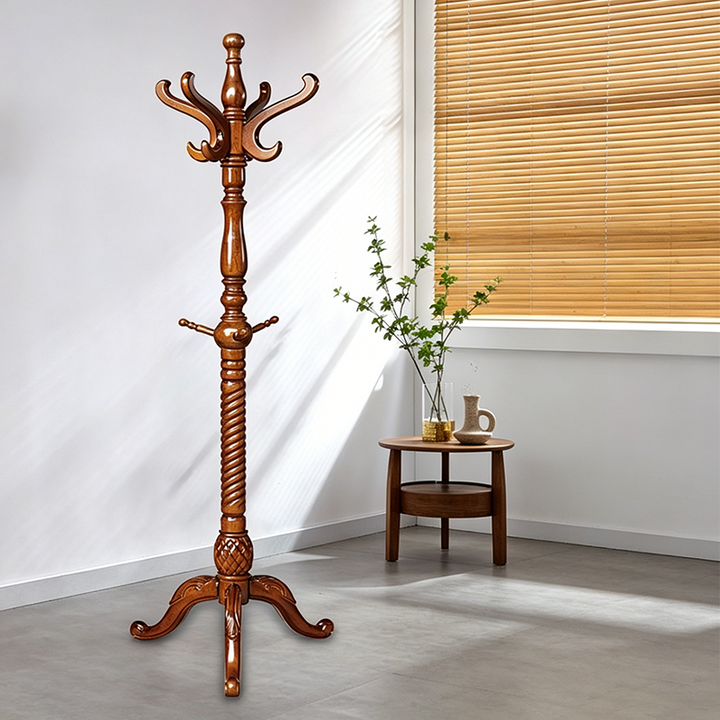 Traditional Vintage Carved Wood Dark Amber Freestanding Coat Rack - Eucalyptus Wood Rubberwood Hall Tree For Entryway &amp; Bedroom