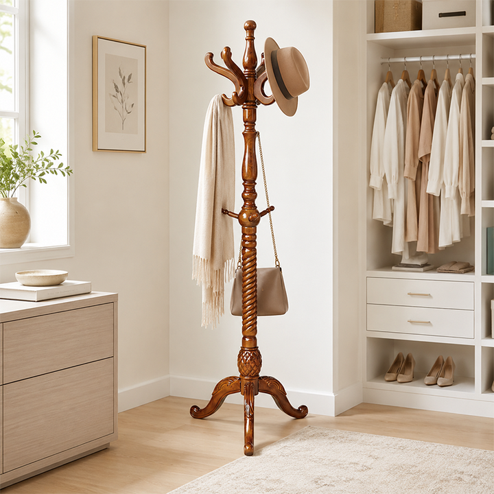 Traditional Vintage Carved Wood Dark Amber Freestanding Coat Rack - Eucalyptus Wood Rubberwood Hall Tree For Entryway & Bedroom