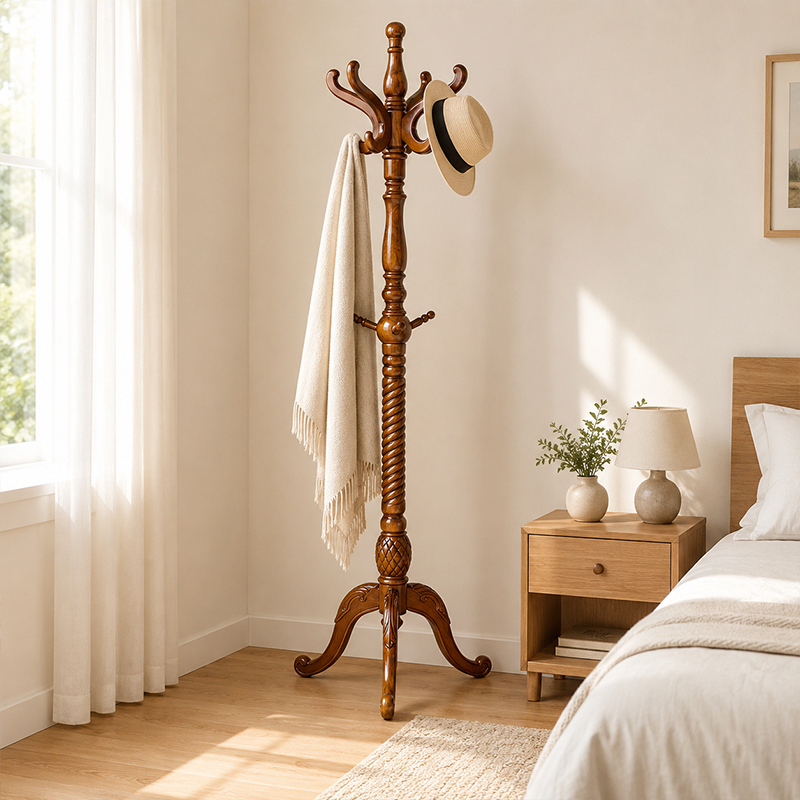 Traditional Vintage Carved Wood Dark Amber Freestanding Coat Rack - Eucalyptus Wood Rubberwood Hall Tree For Entryway &amp; Bedroom