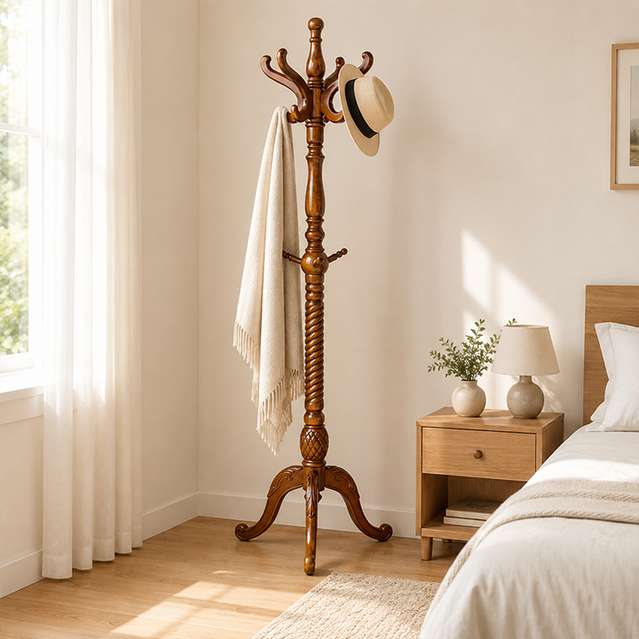 Traditional Vintage Carved Wood Dark Amber Freestanding Coat Rack - Eucalyptus Wood Rubberwood Hall Tree For Entryway & Bedroom