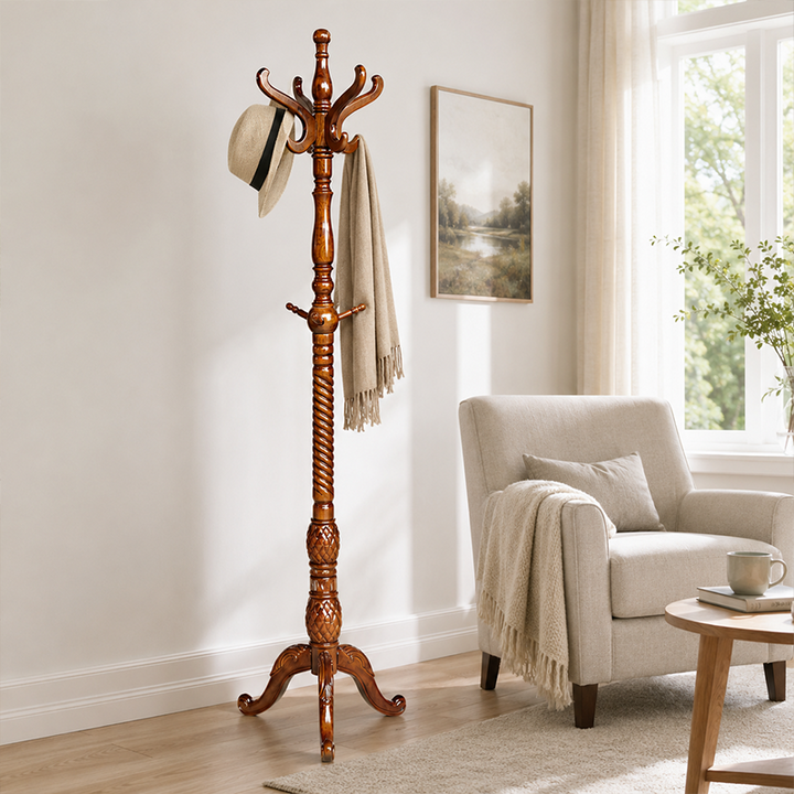 Traditional Vintage Carved Wood Dark Amber Freestanding Coat Rack - Eucalyptus Wood Rubberwood Hall Tree For Entryway & Bedroom