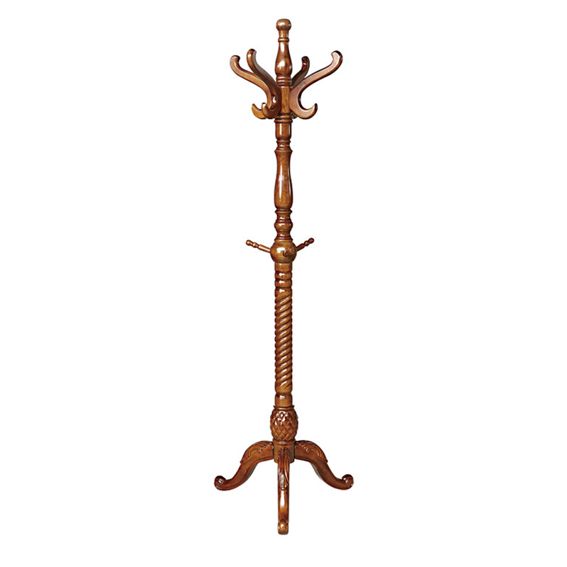 Traditional Vintage Carved Wood Dark Amber Freestanding Coat Rack - Eucalyptus Wood Rubberwood Hall Tree For Entryway &amp; Bedroom