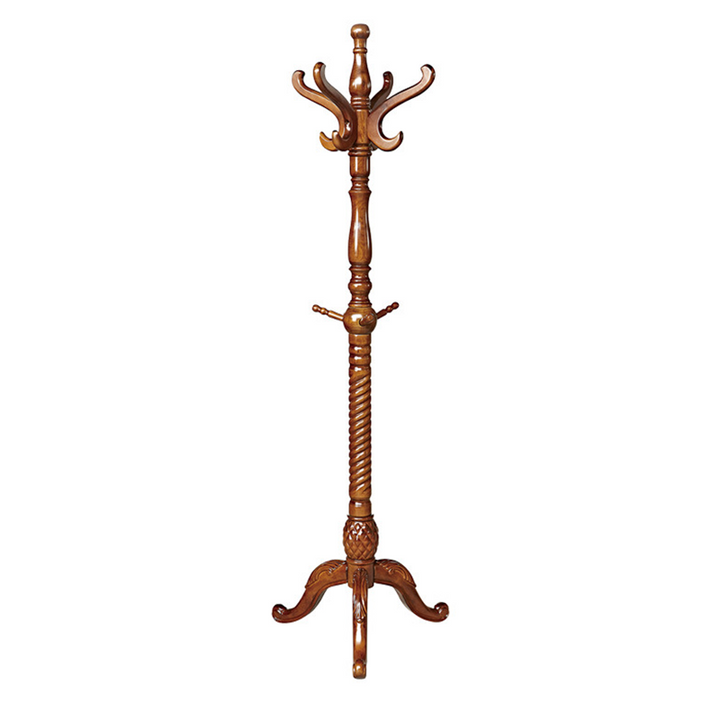 Traditional Vintage Carved Wood Dark Amber Freestanding Coat Rack - Eucalyptus Wood Rubberwood Hall Tree For Entryway &amp; Bedroom