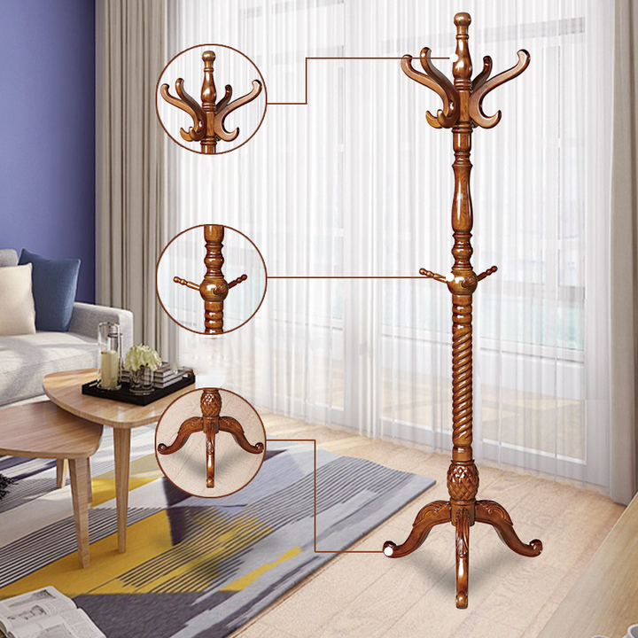 Traditional Vintage Carved Wood Dark Amber Freestanding Coat Rack - Eucalyptus Wood Rubberwood Hall Tree For Entryway &amp; Bedroom