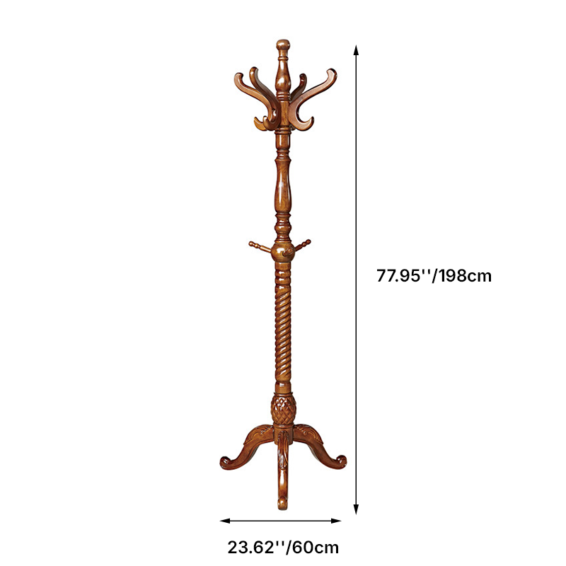 Traditional Vintage Carved Wood Dark Amber Freestanding Coat Rack - Eucalyptus Wood Rubberwood Hall Tree For Entryway &amp; Bedroom