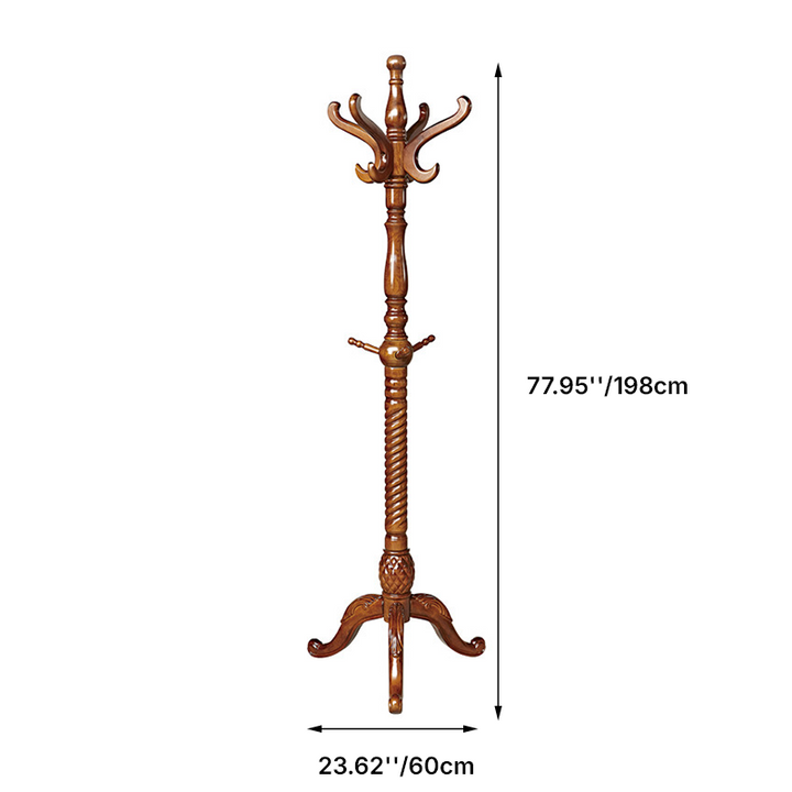 Traditional Vintage Carved Wood Dark Amber Freestanding Coat Rack - Eucalyptus Wood Rubberwood Hall Tree For Entryway & Bedroom
