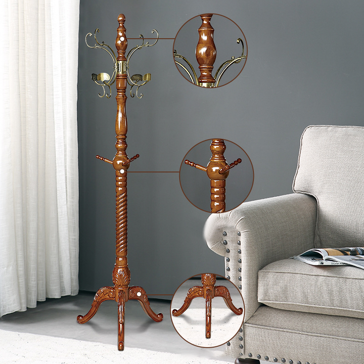 Traditional Vintage Eucalyptus Wood Rubberwood Freestanding Coat Rack - Carved Branch Hall Tree For Entryway & Bedroom
