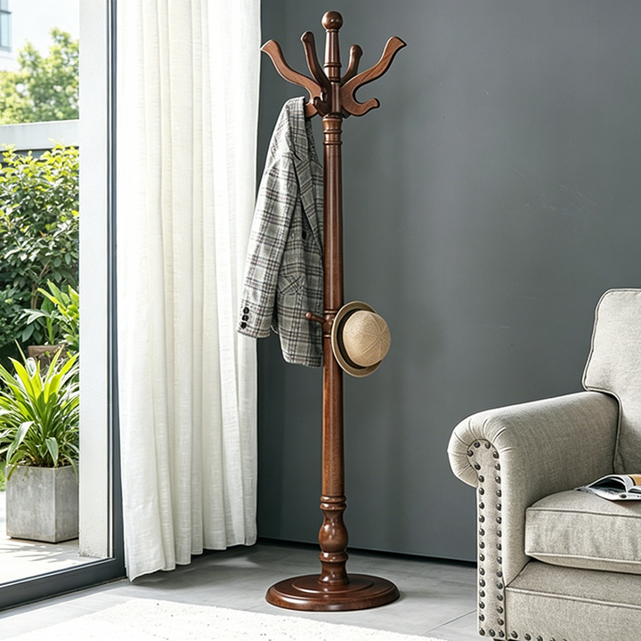 Traditional Vintage Carved Freestanding Coat Rack With Curved Hooks - Birch Wood MDF Hall Tree For Entryway &amp; Bedroom
