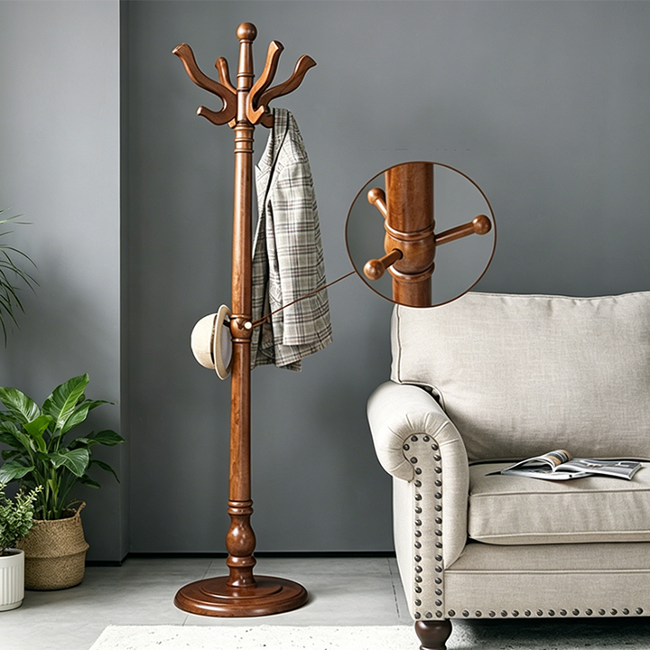 Traditional Vintage Carved Freestanding Coat Rack With Curved Hooks - Birch Wood MDF Hall Tree For Entryway & Bedroom