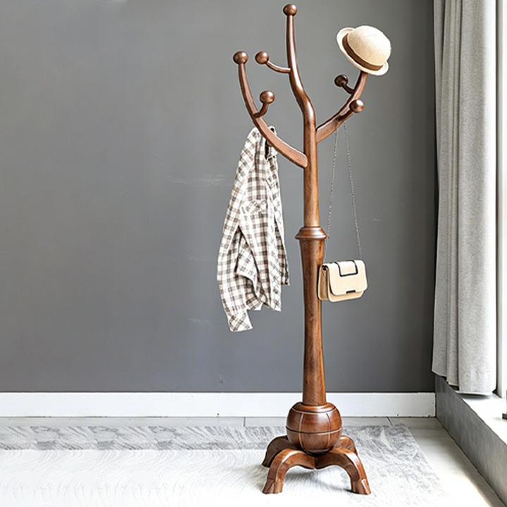 Traditional Vintage Rubberwood Eucalyptus Wood Hall Tree - Round Branch Hooks Freestanding Coat Rack For Entryway & Bedroom